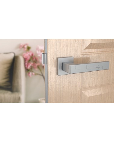 Satin chrome PINA door handle design handle front view mounted on a door