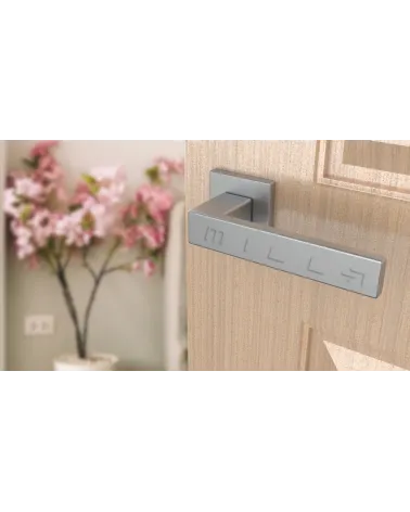PINA satin chrome door handle designer handle angled view mounted on a door
