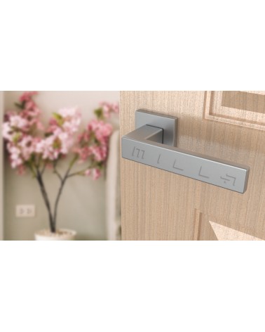 PINA satin chrome door handle designer handle angled view mounted on a door