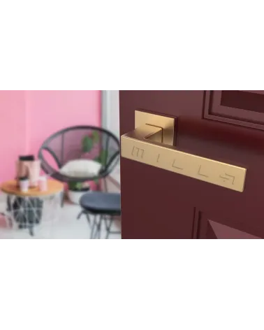 Matt gold PINA design door handle angled view mounted on a door