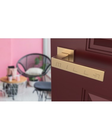 Matt gold PINA design door handle angled view mounted on a door