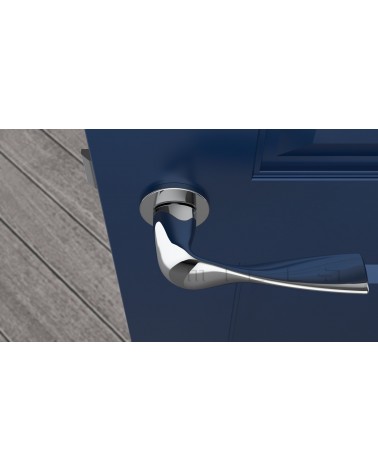 Polished chrome PETUNIA door handle design hardware top view mounted on a door