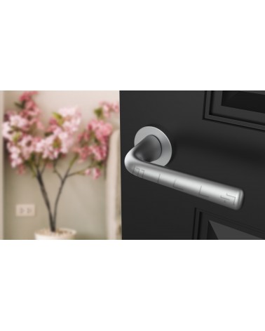 Satin chrome TULIPA design interior door handle angled view mounted on a door