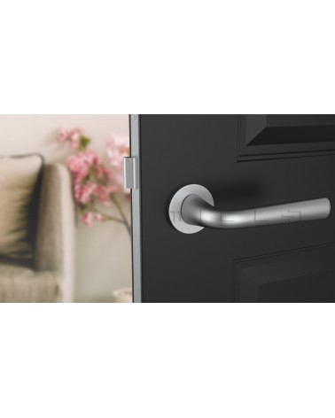 Satin chrome TULIPA design interior door handle front view mounted on a door