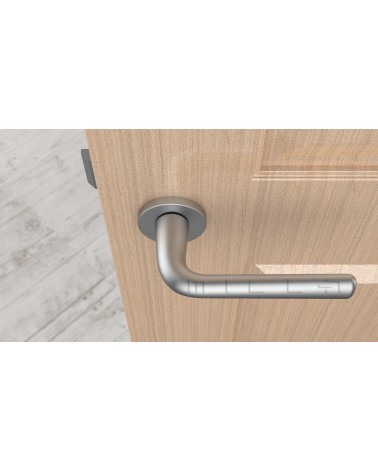 Satin chrome TULIPA design interior door handle top view mounted on a door
