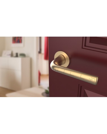 Matte Gold TULIPA interior door handle design tilted view mounted on a door