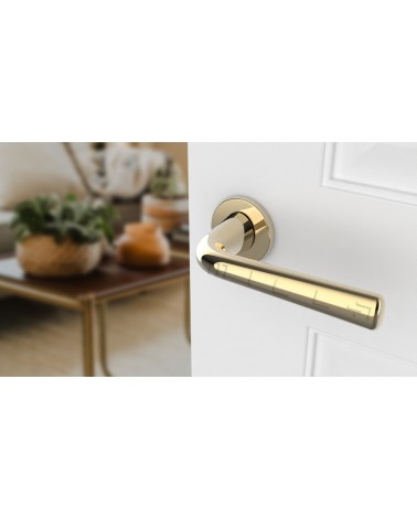 Polished Gold TULIPA interior door handle design tilted view mounted on a door