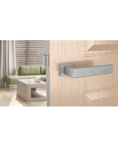 PINA satin chrome door handle design handle front view mounted on a door