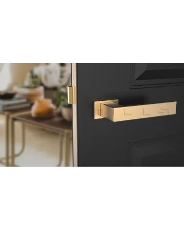 PINA matt gold design door handle front view mounted on a door