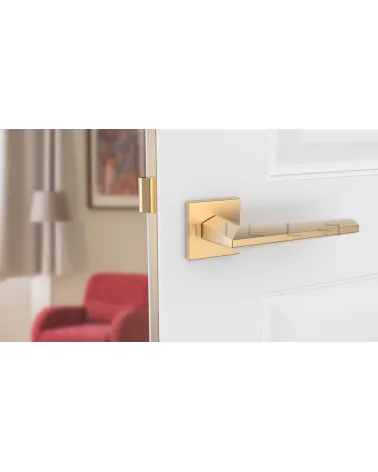 JASMINA matte gold door handle designer handle front view mounted on a door