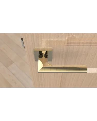 JASMINA polished gold door handle designer handle top view mounted on a door