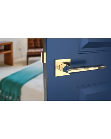 Polished gold JASMINA door handle design handle front view mounted on a door