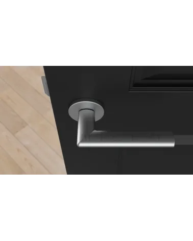 KALMIA satin chrome door handle design handle top view mounted on a door