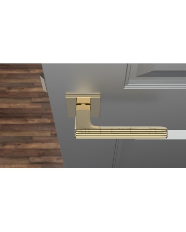 LARICE polished gold door handle designer handle top view mounted on a door