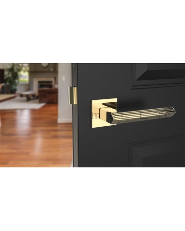 LARICE polished gold door handle design handle front view mounted on a door