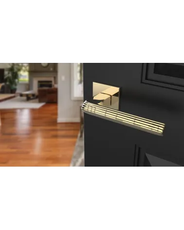 LARICE square plate door handle design handle angled top view mounted on a door