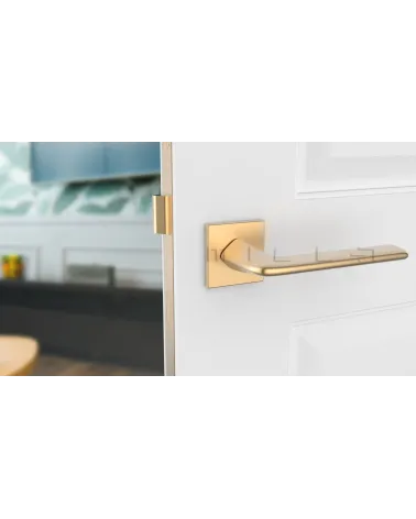 LILA matt gold design door handle front view mounted on a door
