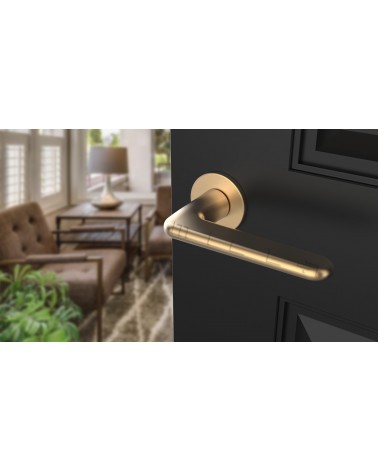 LIRA Modern door handle design handle angled top view mounted on a door