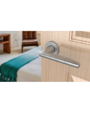 Satin chrome door handle LUNA design handle mounted on a door
