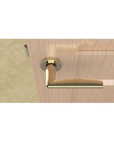 Polished gold door handle LUNA design handle top view mounted on a door