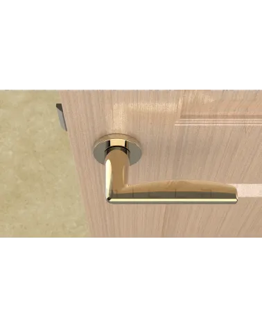 Polished gold door handle LUNA design handle top view mounted on a door