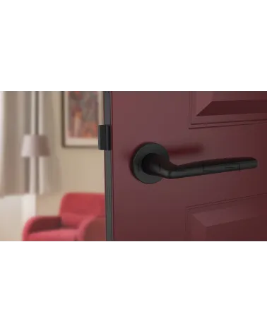 Black LUNA door handle design handle front view mounted on a door