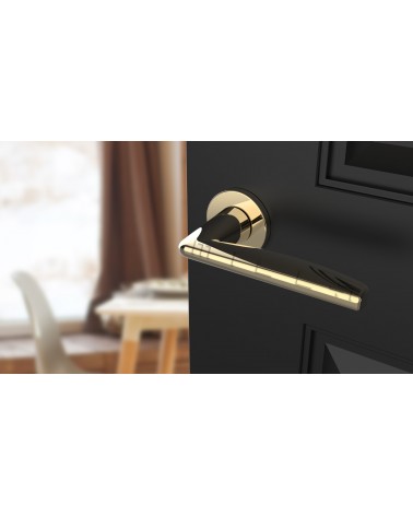 Polished gold LUNA door handle design handle angled view mounted on a door
