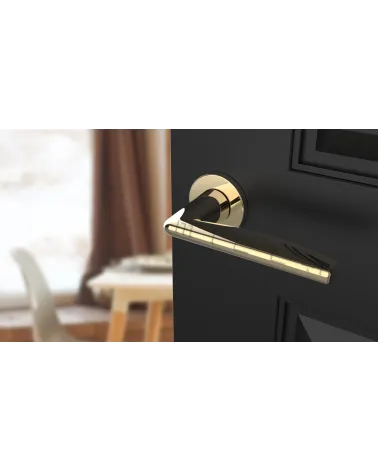 Polished gold LUNA door handle design handle angled view mounted on a door