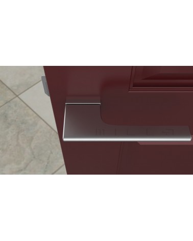 Satin chrome LUPINA door handle design handle top view mounted on a door