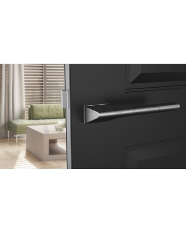 Satin chrome LUPINA door handle design handle front view mounted on a door