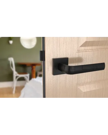 MELA black door handle designer handle front view mounted on a door