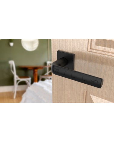 MELA black door handle designer handle angled view mounted on a door