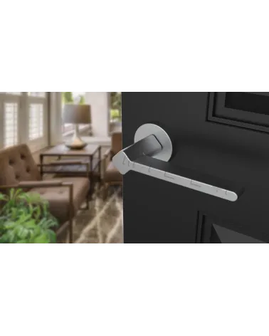 Satin chrome NINFEA door handle design handle angled view on a door 1