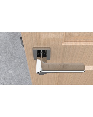 BERGERIA polished chrome door handle designer ironmongery top view mounted on a door