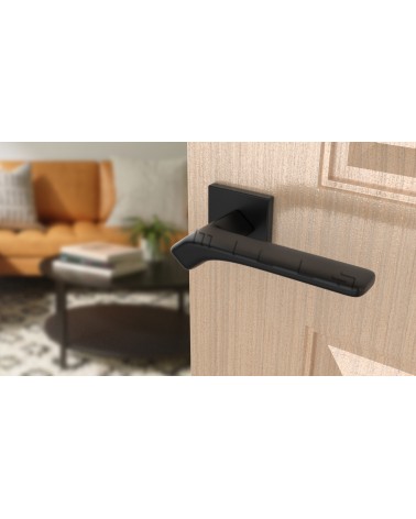 Contemporary BERGERIA door handle design handle top angled view mounted on a door