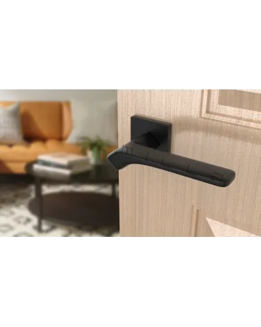 Contemporary BERGERIA door handle design handle top angled view mounted on a door