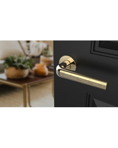 Polished brass door handle INULLA designer handle angled view mounted on a door