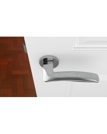 Polished Chrome ROBINE Door Handle Design Hardware Top View Mounted on a Door