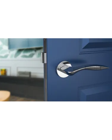 Polished Chrome ROBINE Door Handle Design Hardware Front View Mounted on a Door