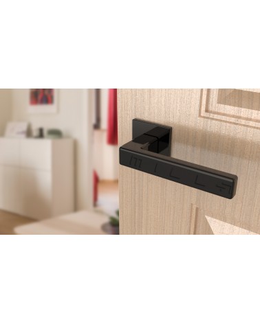 Classic TILLIA door handle design handle colour 1 angled top view mounted on a door