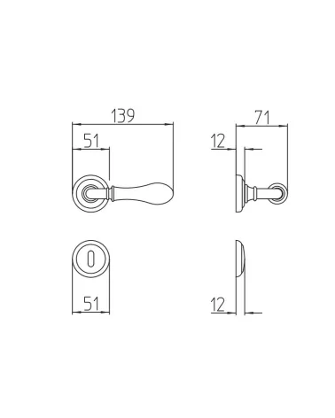 Mandelli Naxos brass door handle with dimensions