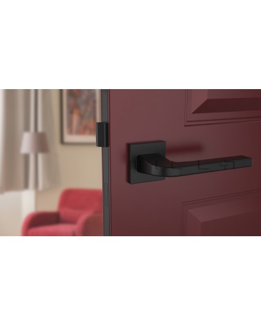 Black ISMENA designer door handle mounted on a door