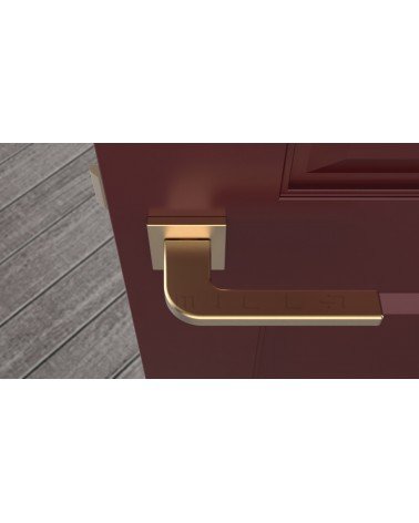 Matt gold ISMENA door handle designer handle top view mounted on a door