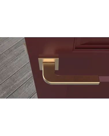 Matt gold ISMENA door handle designer handle top view mounted on a door