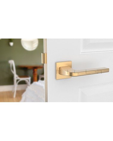 Brushed brass ISMENA door handle designer handle mounted on a door