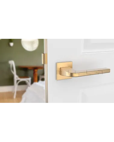 Brushed brass ISMENA door handle designer handle mounted on a door