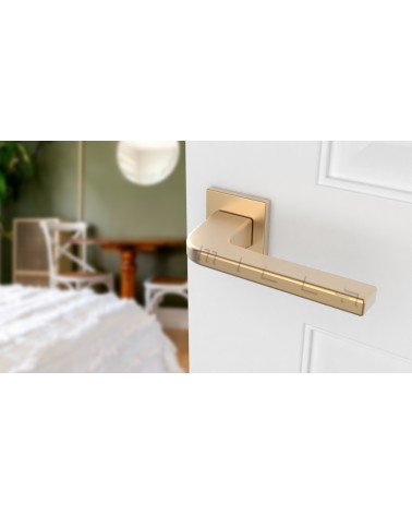 Brushed brass ISMENA door handle designer handle mounted on a half-open door