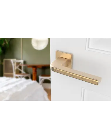 Brushed brass ISMENA door handle designer handle mounted on a half-open door