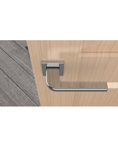 Polished chrome ISMENA door handle designer handle top view mounted on a door