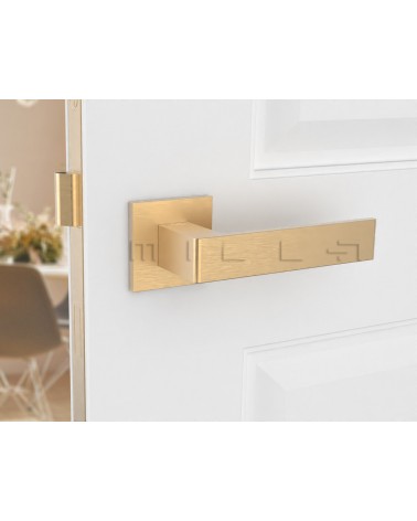 Matt gold Apollo door handle design handle front view mounted on a door